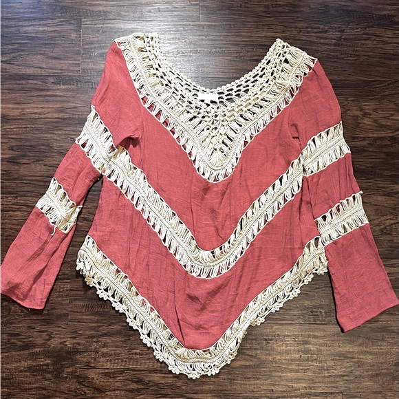 Umgee Boho Tiered Crochet Macrame Popover Long sleeve Tunic. Orange/Tan, Sz LG - Picture 6 of 6